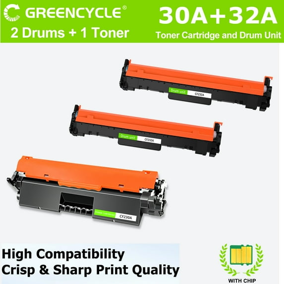 greencycle 2pcs CF232A Drum & 1pc CF230A Compatible Toner Cartridge Replacement for 30A Toner & 32A Drum Work with Laser Jet Pro MFP M227fdw M227fdn M227sdn M203dn M203dw M203d(2 Drums + 1 Toner)