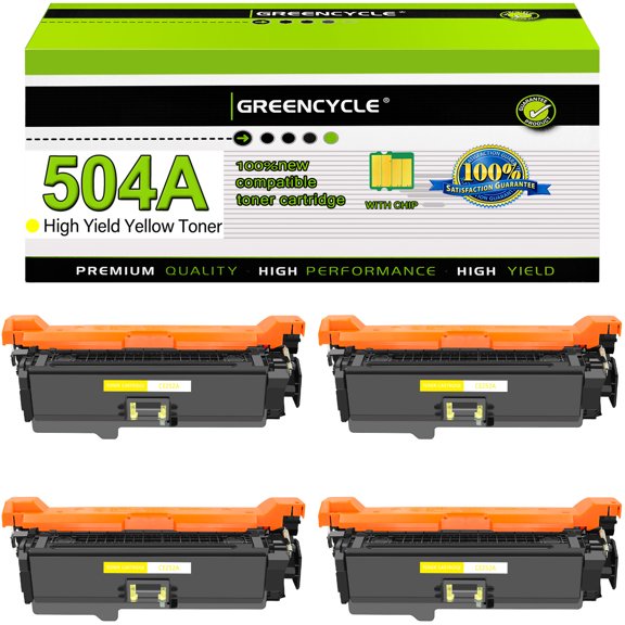 greencycle Compatible Toner Cartridge Replacement for HP 504A CE252A Color Laserjet CP3525 CM3530 CM3530fs CP3525dn CP3525n CP3525x printers(4-Pack Yellow)