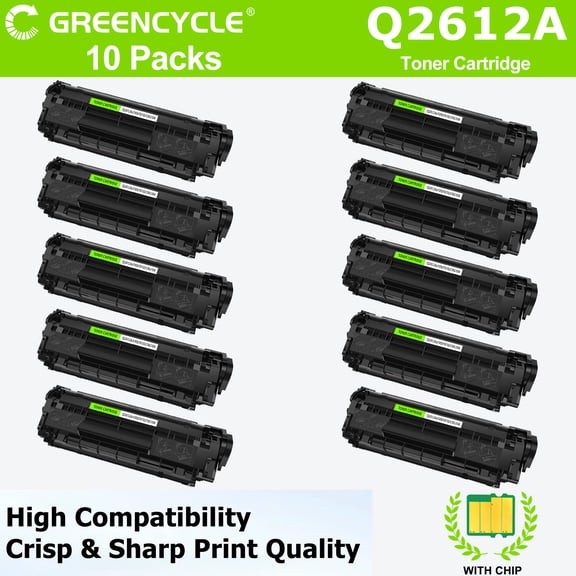 greencycle Q2612A Black Toner Cartridge Replacement Compatible for HP 12A Work with Laser Jet 1010 1012 1015 1018 1020 1022 3015 3020 3030 3050 3050Z 3052 3055 M1319 M1319f MFP M1005, 10PCS