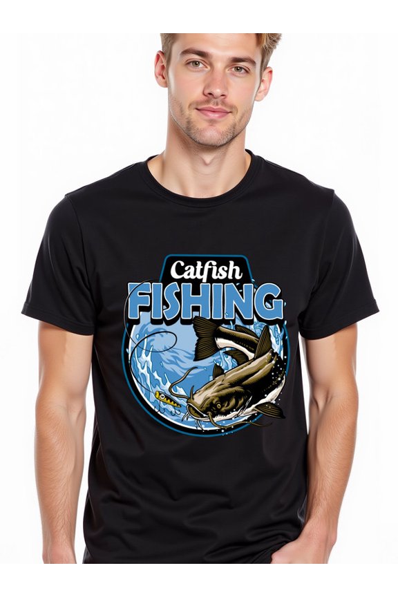 greennik Catfish Fishing T-Shirt men's Crew neck T-shirts black casual graphic tees Spring and summer outdoor wear Classic Unisex Shirt Short Sleeve tshirts