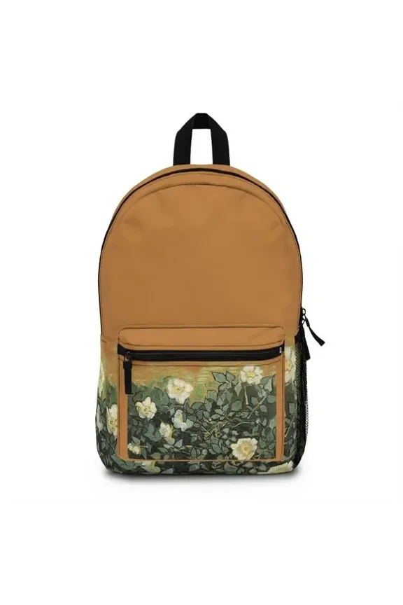 Wild Roses Tan Brown Floral Painting Print Artsy Backpack Bag