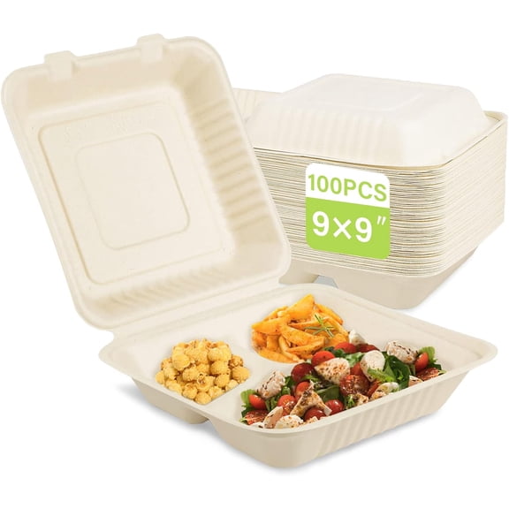 greensight Disposable Take Out Food Container 100 Pack, 9X9 Clamshell With 3 Compartments, Compostable To Go Boxes Heavy Duty, Biodegradable Made From Sugarcane Fibers
