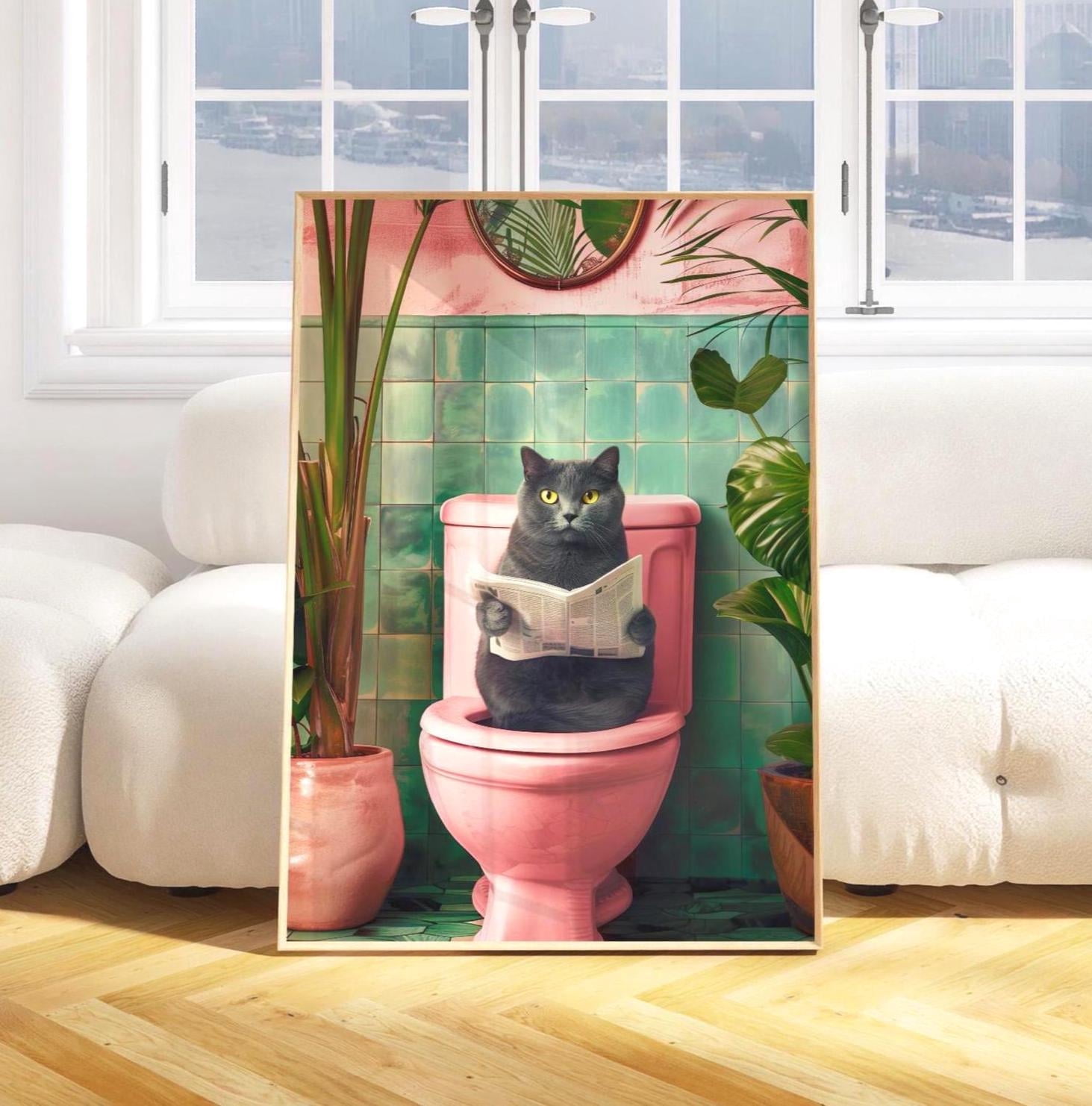 grey Cat Bathroom Print British Shorthair Cat Art Funny Bathroom Wall ...