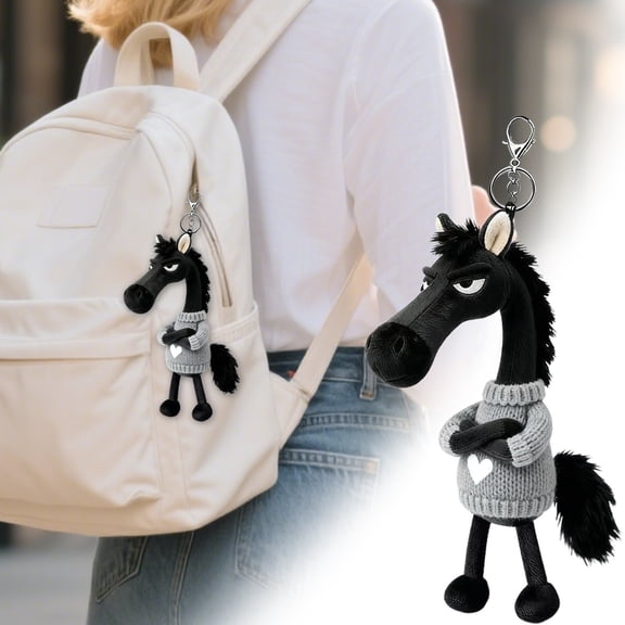 grey Sweater Lucky Horse Hangs - 20cm Black Plush Home Decor, Soft Huggable Fabric, Cute Knitted Sweater Design for Keys/Bags/Backpacks (Animal Lover Gift)