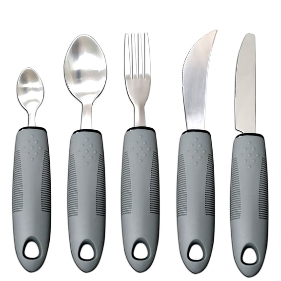 grey rubber and plastic small handle mirror polished knife, fork and spoon, simple elderly rehabilitation adaptive non-slip dining tableware household gift set, five-piece set