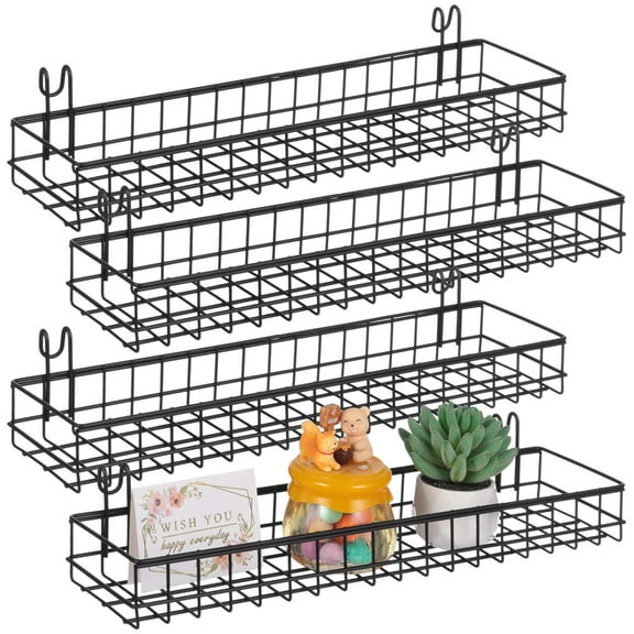 4 Pcs Metal Grid Wall Baskets, 15.75 in Hanging Wire Basket for Storage, Sturdy Wall Mounted Organizer, Decorative Wire Storage Shelf for Kitchen, Bathroom, Black