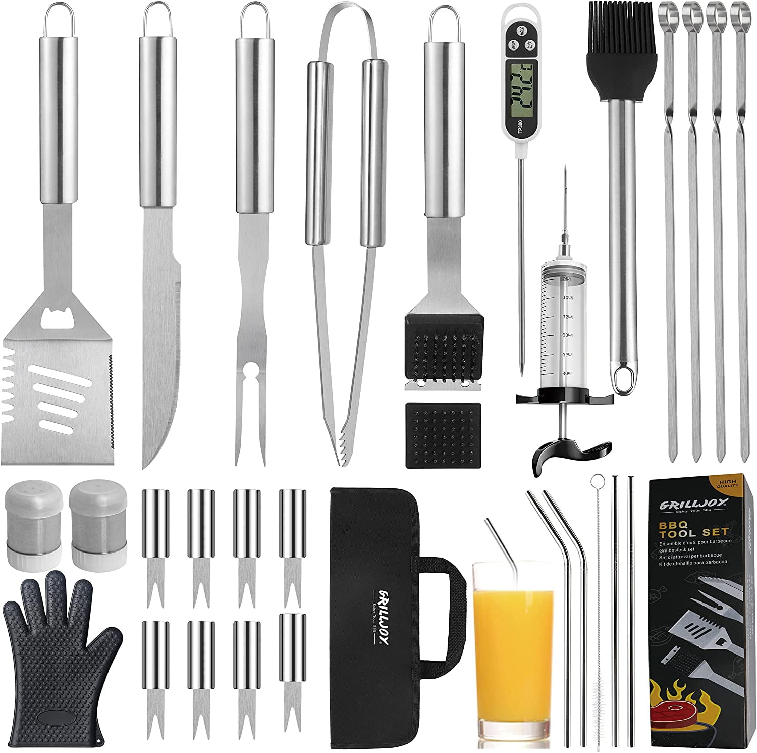 grilljoy 20PCS Heavy Duty BBQ Grill Tools Set - Extra Thick Stainless Steel  Spatula, Fork& Tongs. Complete Barbecue Accessories Kit in Aluminum