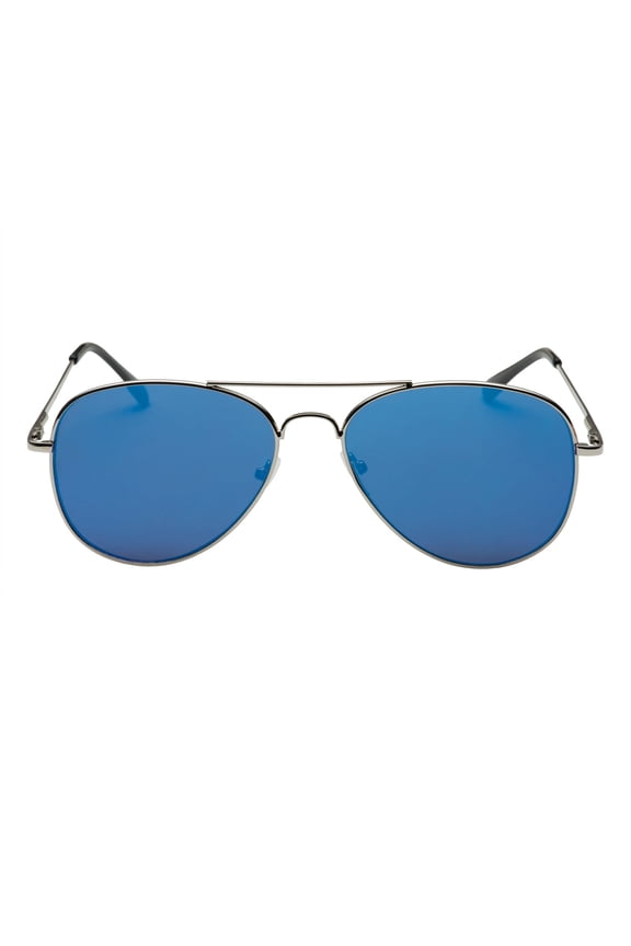 Aviator Metal Frame Flat Blue Lens Mirrored Sunglasses - Silver Rim