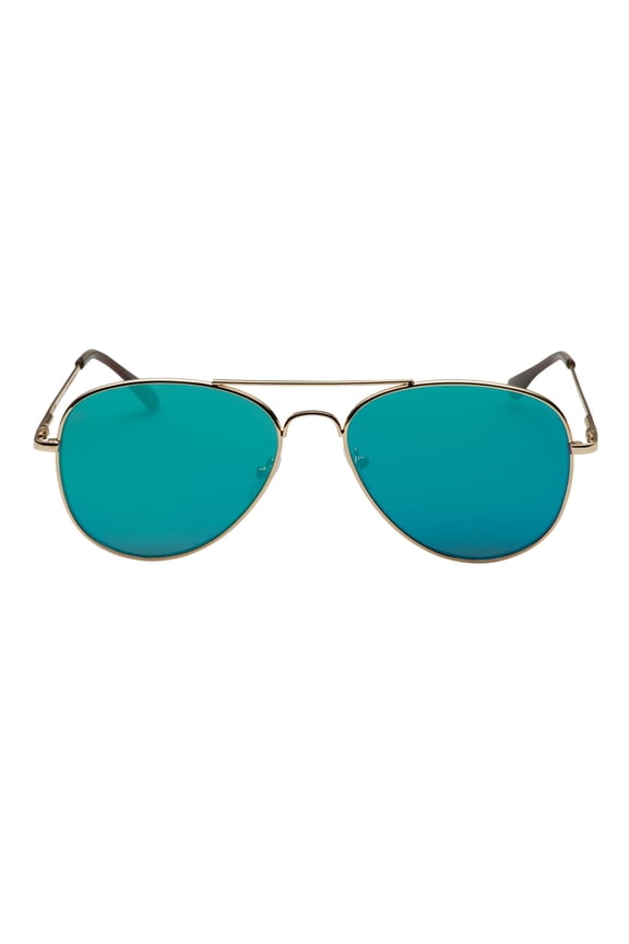 Aviator Sunglasses with Flat Mirrored Lens - Gold Rim Torquoise Lens