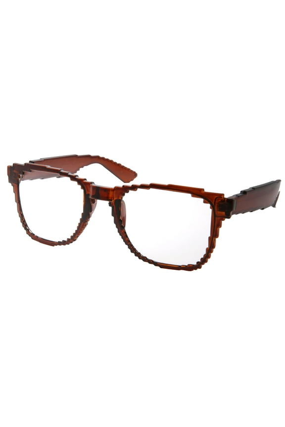 Clear Lens Nerd Video Game Geek 8 Bit Small Pixel Glasses - Brown