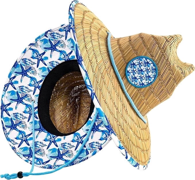Grinderpunch Lifeguard Hat Mens Straw Sun Hat for Beach, Outdoor, and Travel | UPF 50+ Sun Protection | Wide Brim Straw Beach Hat | Classic Sun Hat for Men and Women (Blue Nautical)