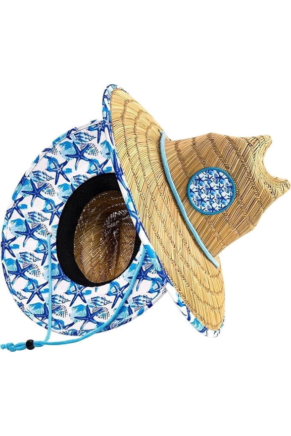 Lifeguard Hat Mens Straw Sun Hat for Beach, Outdoor, and Travel | UPF 50+ Sun Protection | Wide Brim Straw Beach Hat | Classic Sun Hat for Men and Women (Blue Nautical)