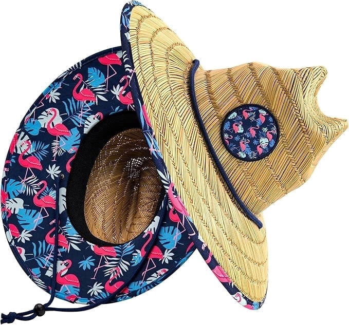 Grinderpunch Lifeguard Hat Mens Straw Sun Hat for Beach, Outdoor, and Travel | UPF 50+ Sun Protection | Wide Brim Straw Beach Hat | Classic Sun Hat for Men and Women ( Flamingo Palm )