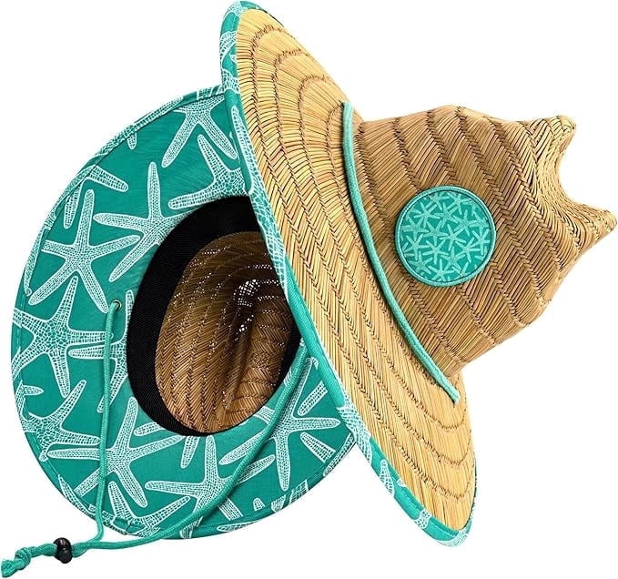 Grinderpunch Lifeguard Hat Mens Straw Sun Hat for Beach, Outdoor, and Travel | UPF 50+ Sun Protection | Wide Brim Straw Beach Hat | Classic Sun Hat for Men and Women ( Teal Starfish )