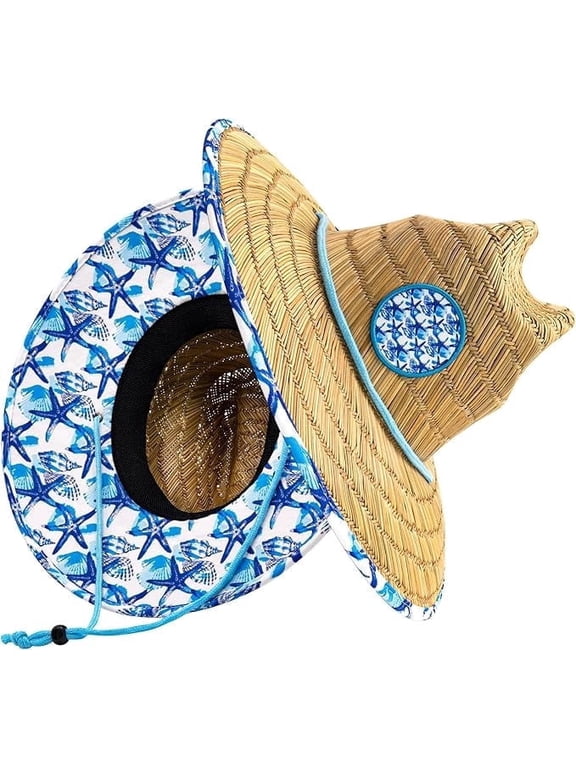 Lifeguard Hat Mens Straw Sun Hat for Beach, Outdoor, and Travel | UPF 50+ Sun Protection | Wide Brim Straw Beach Hat | Classic Sun Hat for Men and Women (White & Blue Floral)
