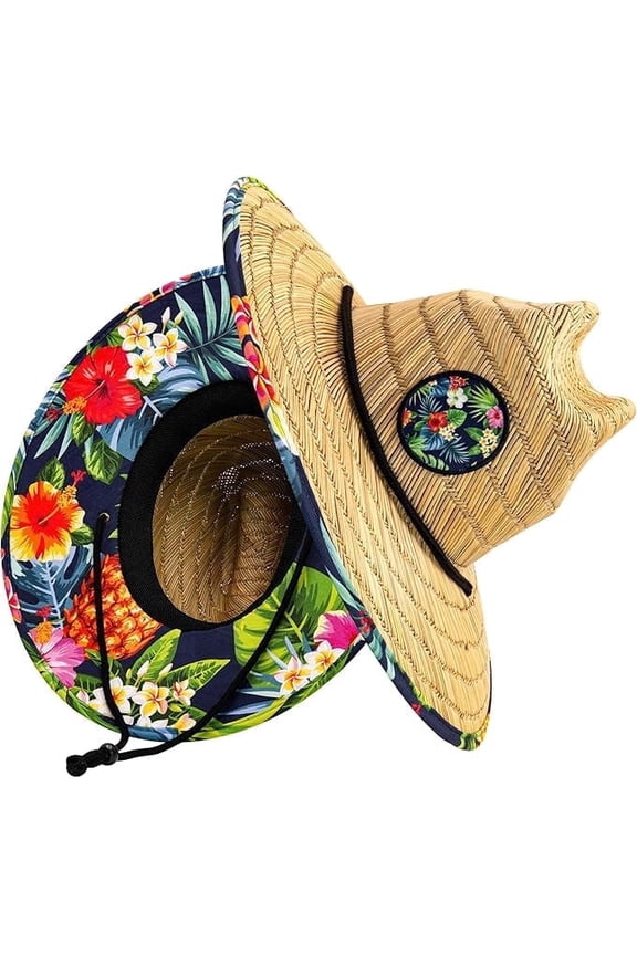 Lifeguard Hat Mens Straw Sun Hat for Outdoor, and Travel | UPF 50+ Sun Protection | Straw Beach Hat for Men (Tropical Pineapple)