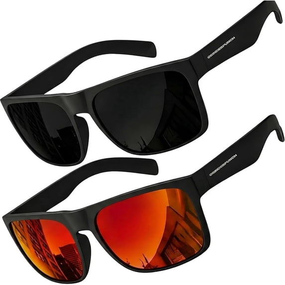 grinderPUNCH Polarized Square Sunglasses for Men with UV Protection Stylish Black Shades for Driving UV400 Protection - 2 Pack Matte Black and Red