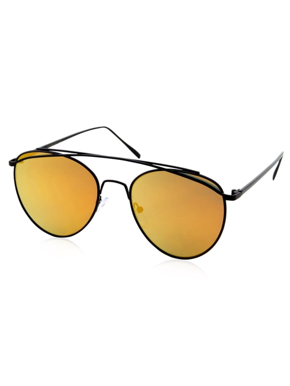 Slim Round Flash Yellow Orange Mirror Lens Black Metal Frame Sunglasses