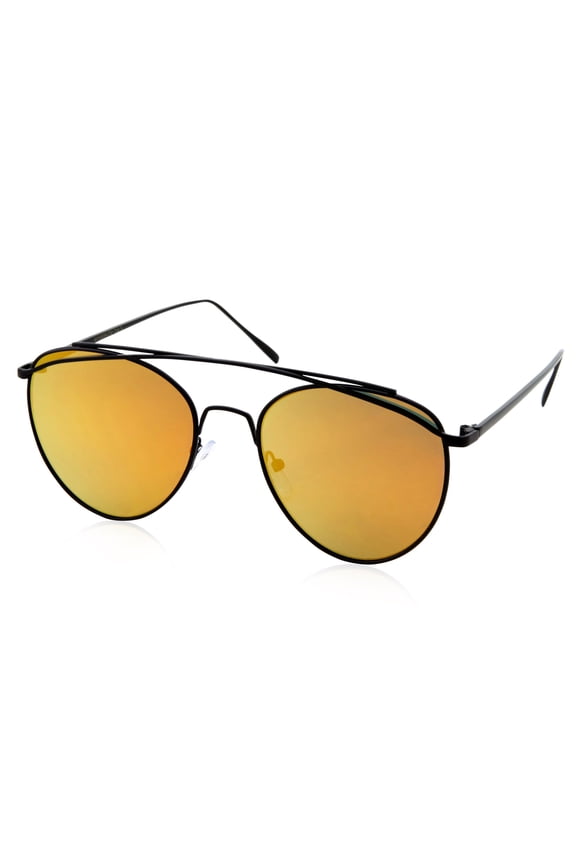 Slim Round Flash Yellow Orange Mirror Lens Black Metal Frame Sunglasses