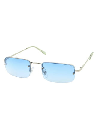 Mens Half Metal Rim Dad Shade Small Rectangle Sunglasses Silver Blue