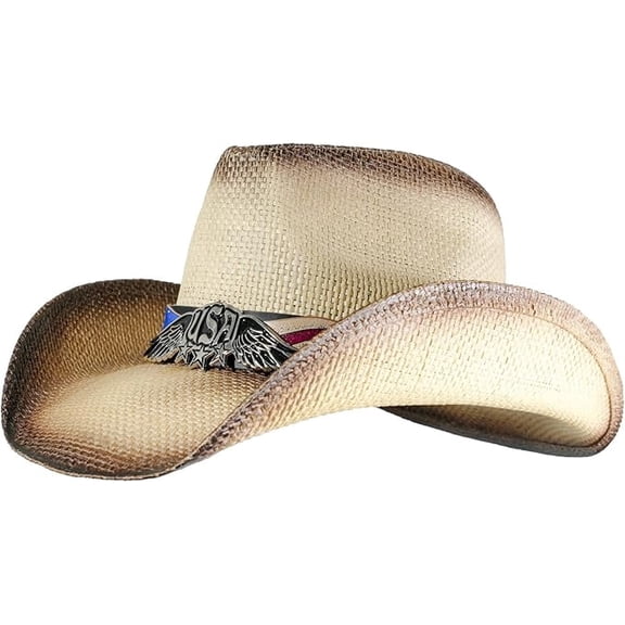 grinderPUNCH Western Outback Cowboy Hat Straw Classic Western Style  Straw American Flag Hat