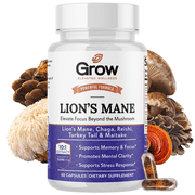 Grow Vitamin Mushroom Mind Supplements - Focus, Memory, Cognitive Nootropic, Immune, Antioxidant, Performance Powder, 90 Veg Capsules