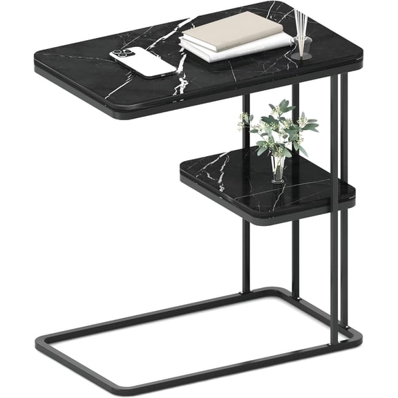growfessor Sleek Black Marble C-Table Sturdy Carbon Steel, Dual-Layer Sofa Side Table, Under Couch Slide-in Design for Living Room, Bedroom, 22.8x19.7x11.8 Inches