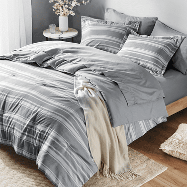 dxynlzq Full-Size Bed in  Bag  Full Bedding Sets   Farmhouse Grey and  Striped Comforter with Sheets  7-Piece Complete Bedroom Set