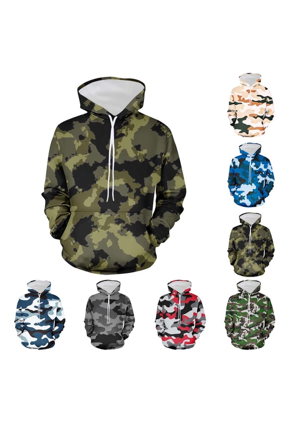 Camo Hoodies for Men Long Sleeve Hooded Pullover Tops Fashion Oversized Drawstring Hunting Sweatshirt with Pockets