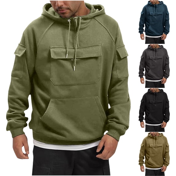 guisaled Cargo Hoodies for Men Half Zip Up Tactical Pullover Tops Long Sleeve Drawstring Military Warm Hooded Outdoor Adventure Jacket Coats