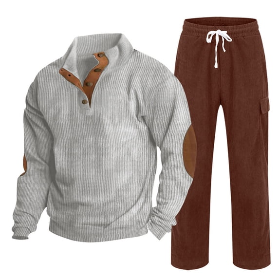 guisaled Casual Tracksuit 2 Piece Outfit for Men Long Sleeve 1/4 Button Up Corduroy Shirts Drawstring Pants Fashion Jogging Set