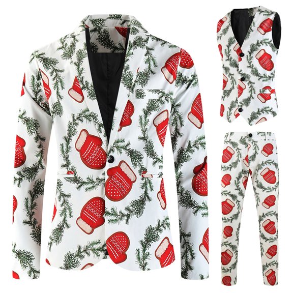 guisaled Christmas Mens Suits 3 Piece Slim Fit Dressy Party Suit One Button Cute Xmas Holiday Printed Jackets Vest Pants Suits Outfits