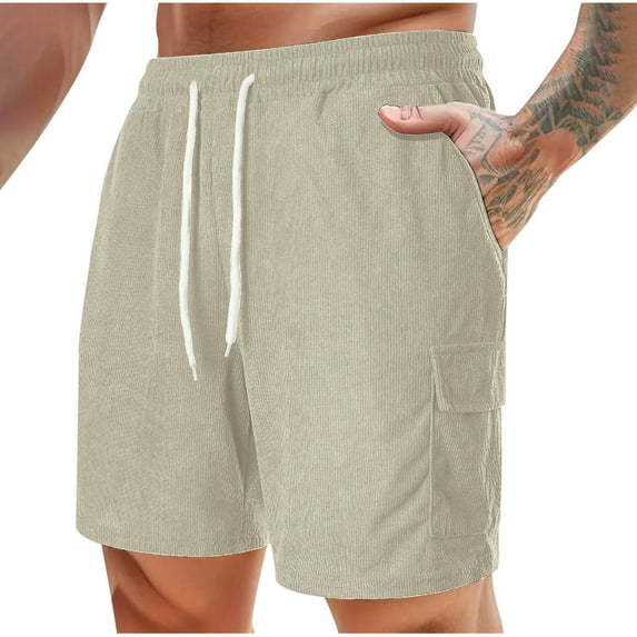 guisaled Corduroy Shorts for Men Drawstring Elastic Waist Casual Cargo Shorts Relaxed Fit Mutiple Pockets Hiking Athletic Shorts