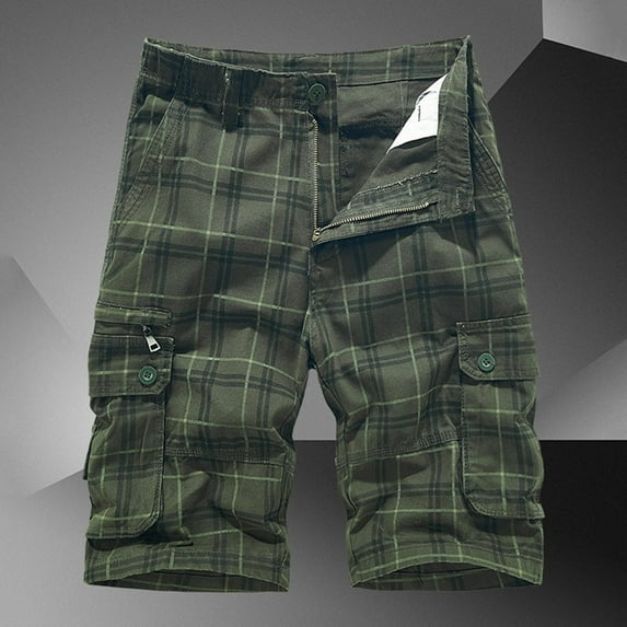 guisaled Cotton Cargo Shorts for Men Big and Tall Elastic Waist Relaxed Fit Casual Plaid Shorts Outdoor Multiple Pockets Hiking Shorts