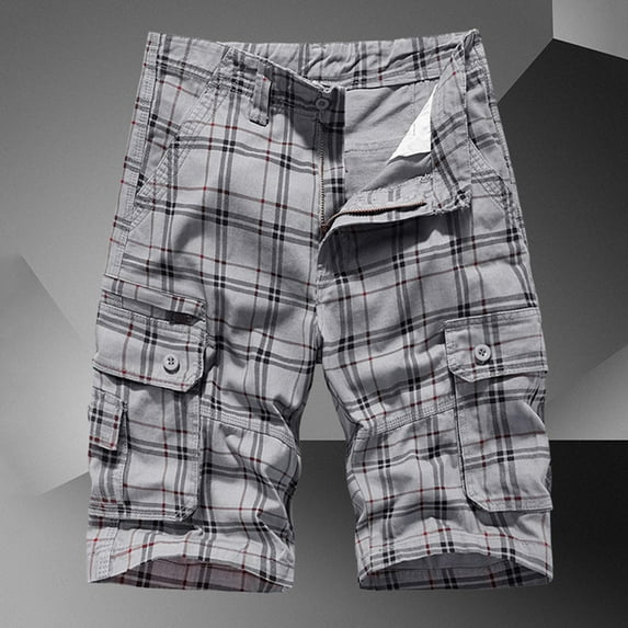 guisaled Cotton Cargo Shorts for Men Big and Tall Elastic Waist Relaxed Fit Casual Plaid Shorts Outdoor Multiple Pockets Hiking Shorts Savings