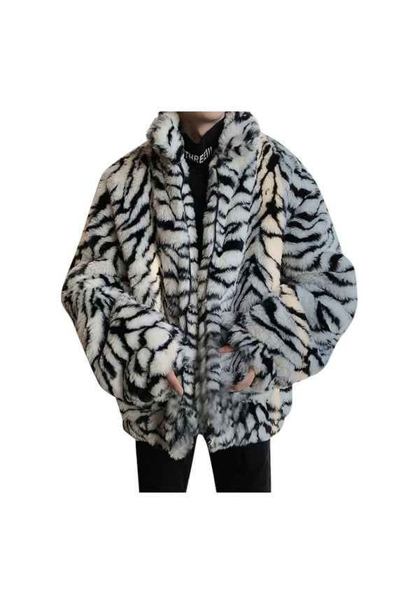 Faux Fur Jacket Men Fuzzy Fluffy Leopard Coat Long Sleeve Open Front Thicken Warm Winter Coats Short Teddy Jackets