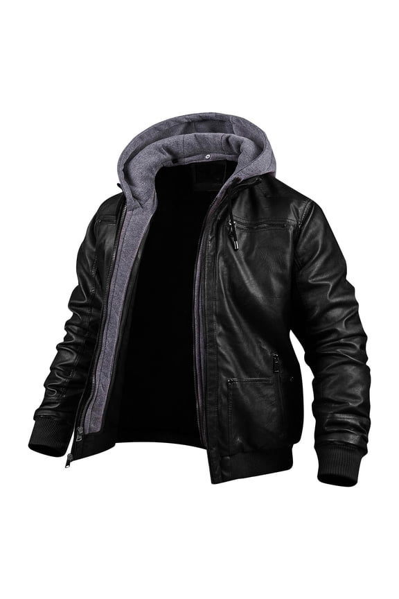 Faux Leather Jacket Men Full Zip Motorcycle Jacket Waterproof Windproof Pu Moto Vintage Bomber Jackets with Hood Friday Deal