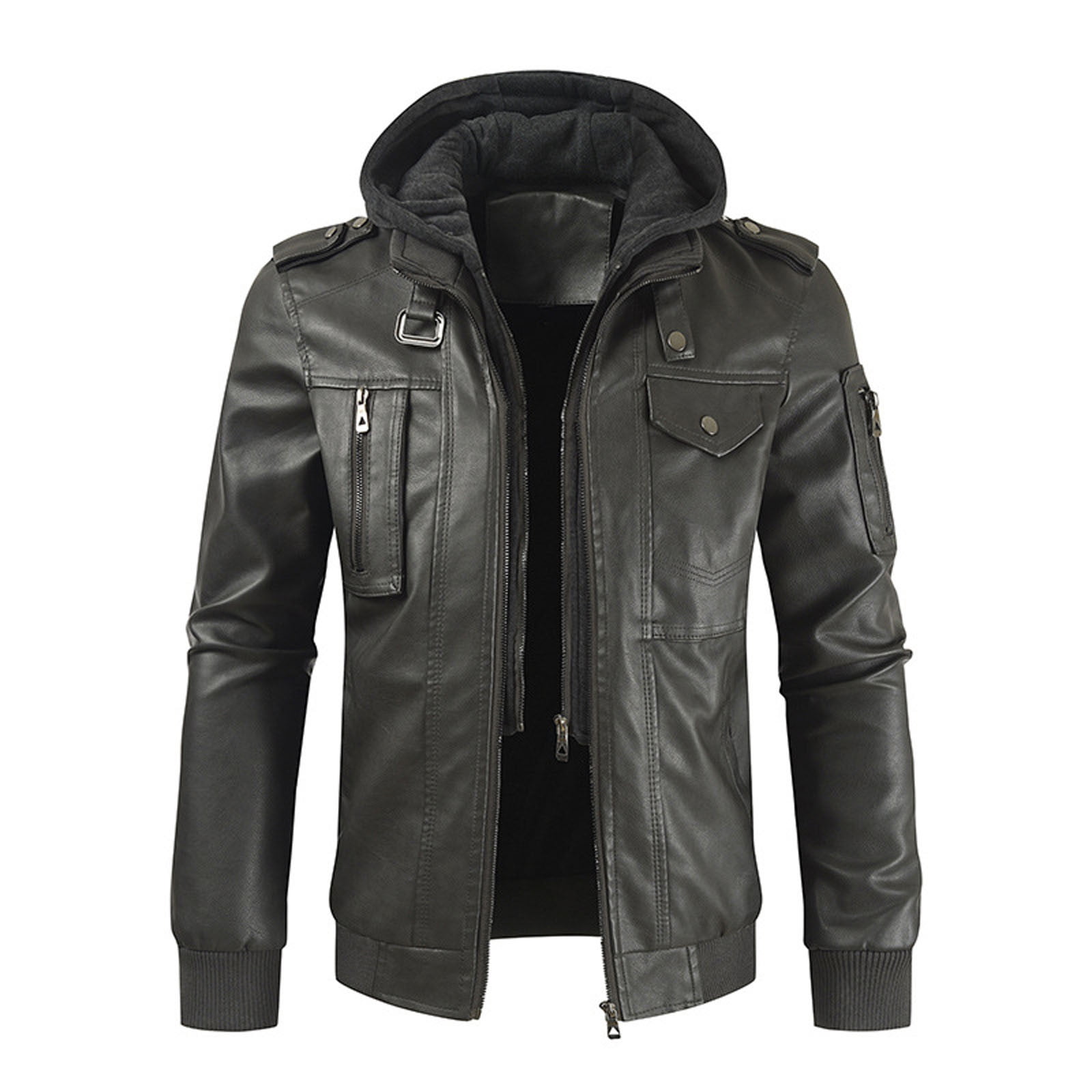guisaled Faux Pu Leather Jacket Men Full Zip Motorcycle Jacket Waterproof Windproof Moto Vintage Bomber Jackets with Hood