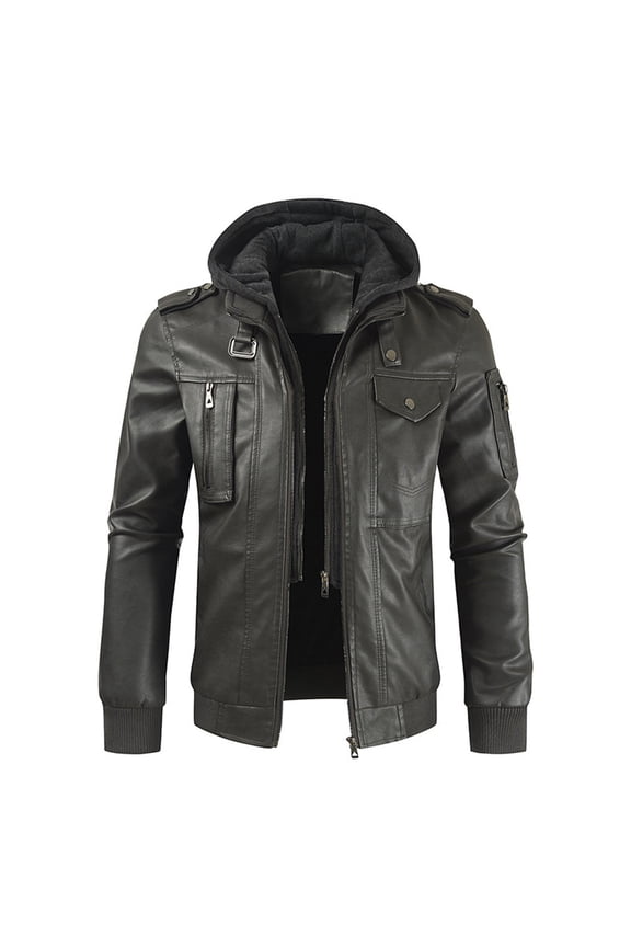 Faux Pu Leather Jacket Men Full Zip Motorcycle Jacket Waterproof Windproof Moto Vintage Bomber Jackets with Hood