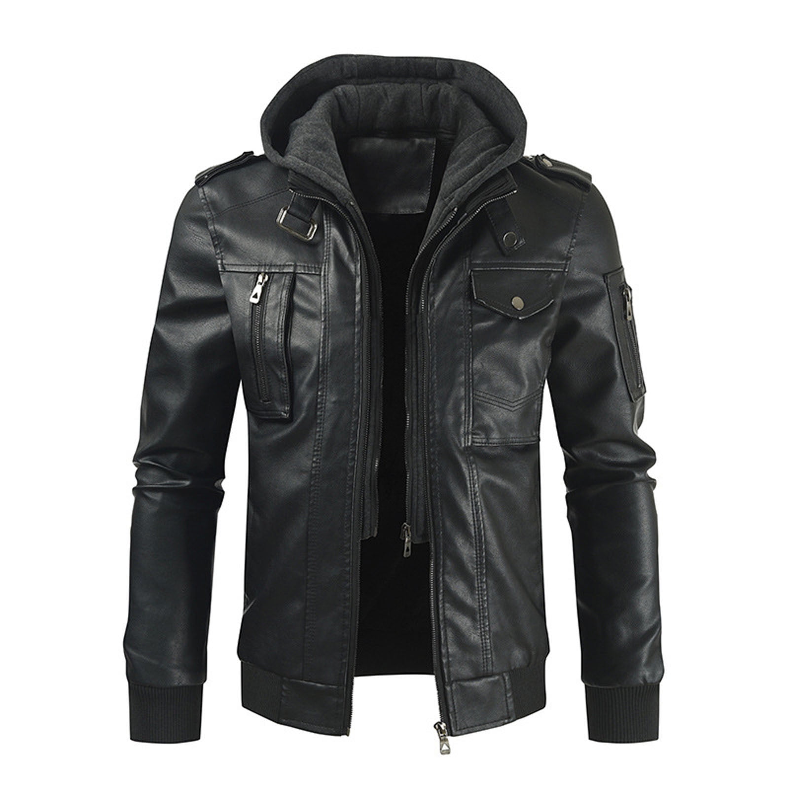 ジャケット・アウター archive Multi pocket Leather zip hoodie guisaled-Faux-Pu-Leather-