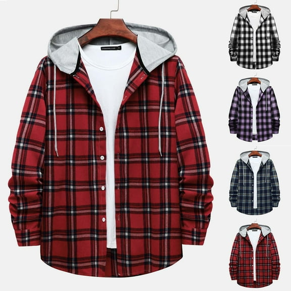 guisaled Flannel Jacket for Men with Hoodie Fall Spring Casual Button Down Plaid Shirt Jackets Long Sleeve Loose Fit Stylish Hoodie Clothing
