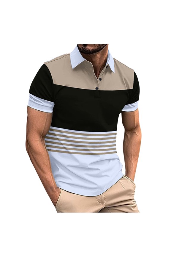 Golf Shirts for Men Short Sleeve Lapel Collared Business Casual Henley Shirt Color Block Patchwork Button Down Shirts