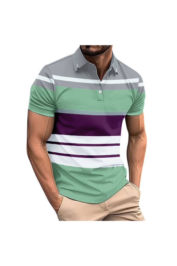 Golf Shirts for Men Short Sleeve Lapel Collared Business Casual Henley Shirt Color Block Patchwork Button Down Shirts