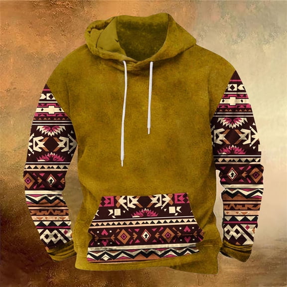 guisaled Graphic Hoodies for Men Ethnic Print Patchwork Hooded Sweatshirt Loose Soft Casual Pullover Tops with Drawstring