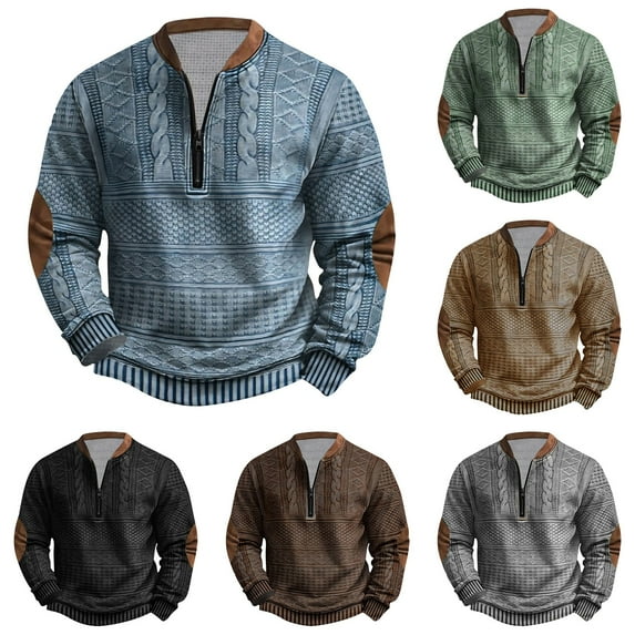 guisaled Half Zip Sweatshirt Men No Hood Vintage Ethnic Knit ​Print Pullover Fall Winter Tops Long Sleeve Henley Neck Sweatshirts