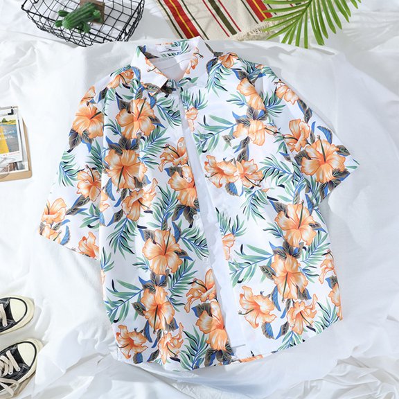 guisaled Hawaiian Shirts for Men Summer Short Sleeve Fashion Graphic Tee Shirt Lightweight Quick Dry Button Down Casual Dress Shirts Clearance On Sale
