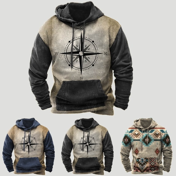 guisaled Hoodies for Men Aztec Western Pullover Sweatshirts Loose Fit Crewneck Oversized Sweatshirt Big and Tall Fashion Hoodies