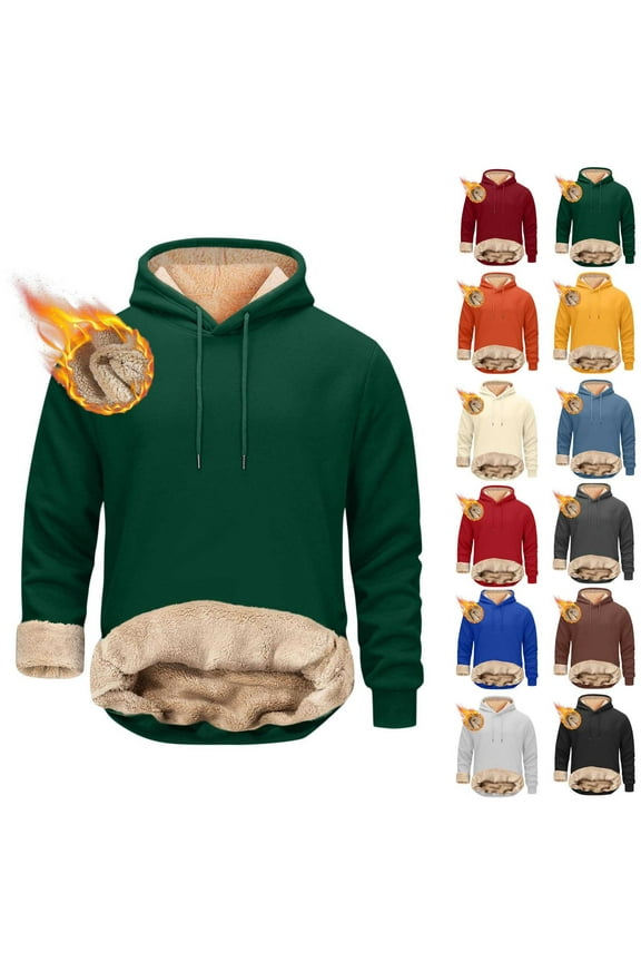 Hoodies for Men Heavyweight Fuzzy Fleece Lined Warm Hooded Sweatshirts Winter Thicken Shaggy Solid Pullovers Tops