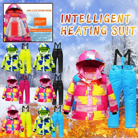 guisaled Kids Heated Jacket and Snow Bibs 2 Piece Snow Suits Usb Charging Camo Hooded Windproof Waterproof Insulated Ski Suits