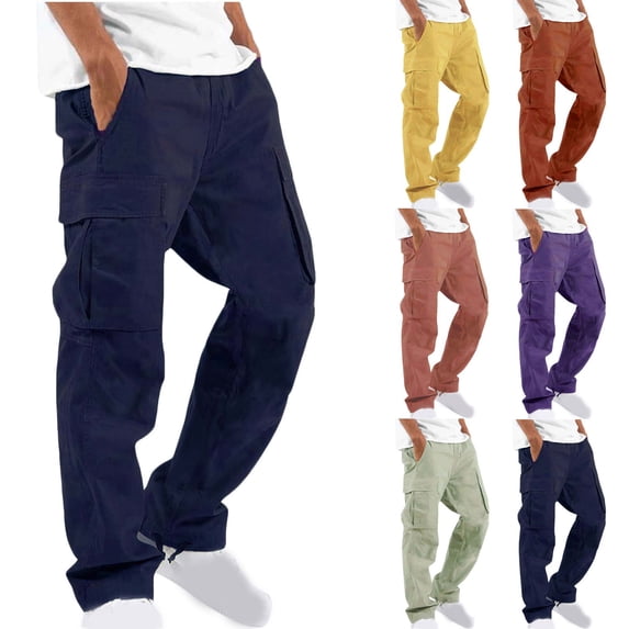 guisaled Men Cargo Pants with Pockets Casual Joggers Pants Hiking Drawstring Chino Cargo Pants Solid Colors Straight Leg Sweatpants